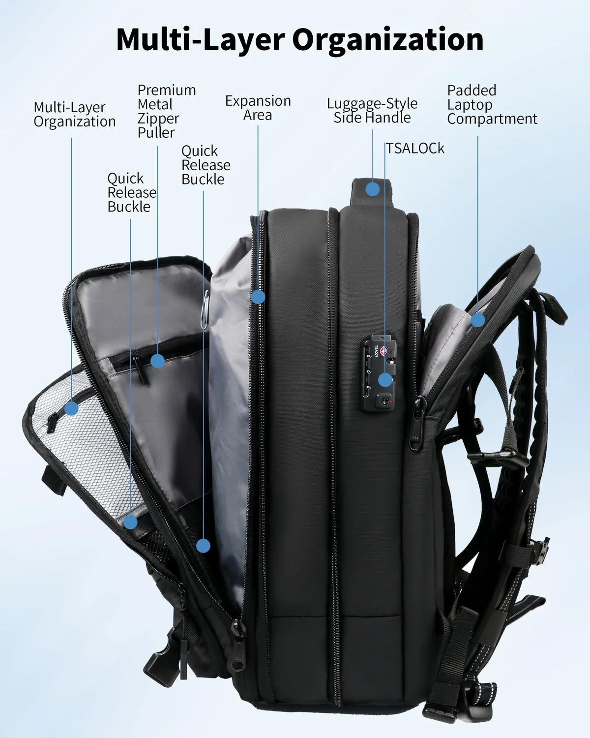 sac à dos de voyage 60l extensible avec système de compression d'air et serrure tsa, bagage cabine