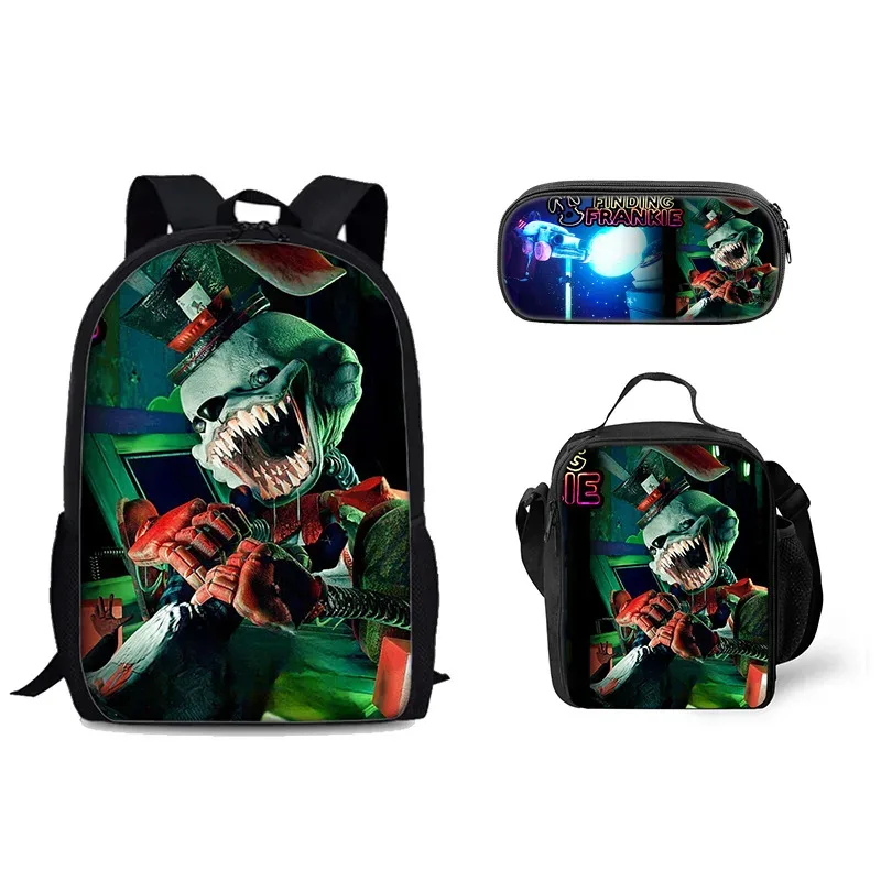 sac à dos tendance et populaire avec impression 3d frankie, ensemble de 3 pièces pour étudiants : sac à dos pour ordinateur portable, sac à déjeuner et trousse.