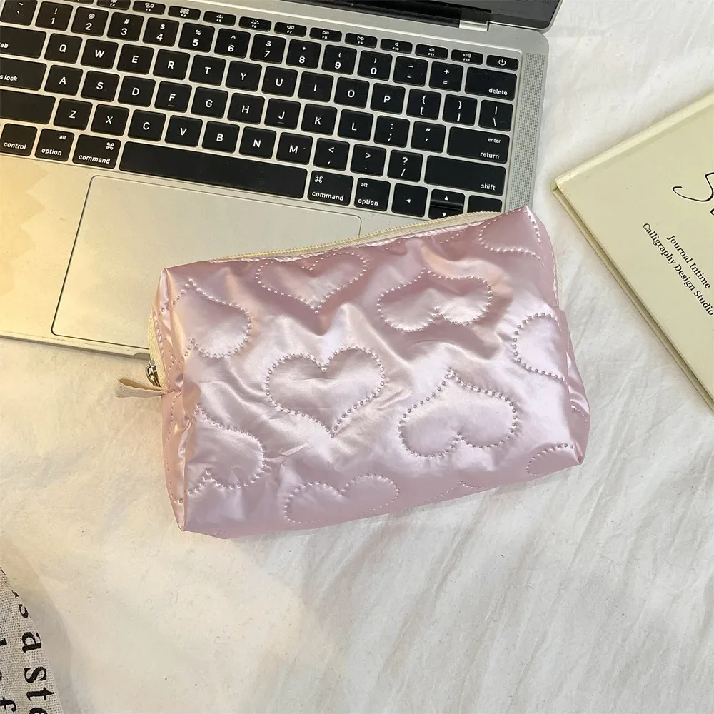 argent coréen matelassé pu amour arc sac cosmétique produits de soins de la peau pochette intérieure multi-fonction maquillage rouge à lèvres sac de rangement h