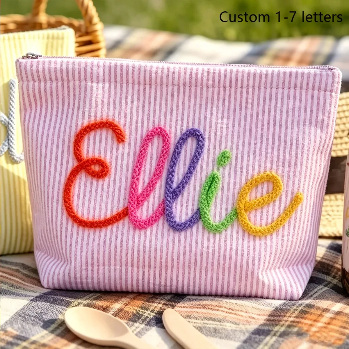1 pièce trousse de maquillage personnalisable en seersucker rayé, pochette cosmétique de voyage portable, sac de rangement pour la plage d'été, cadeau pour demoiselle d'honneur et petite amie