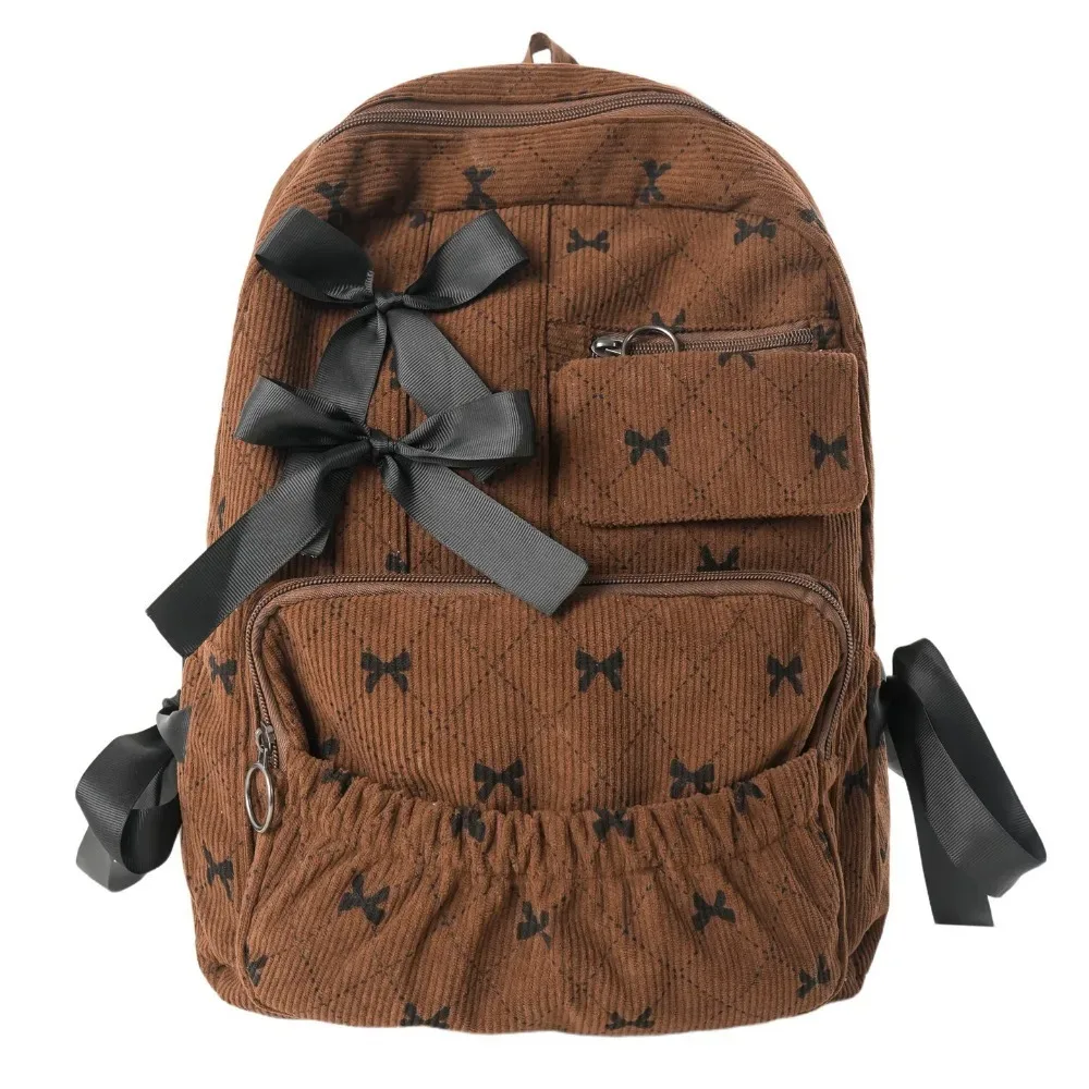 sac à dos tendance en velours côtelé avec nœud, style ins, imprimé nœud, polyvalent, grande capacité, pour étudiantes