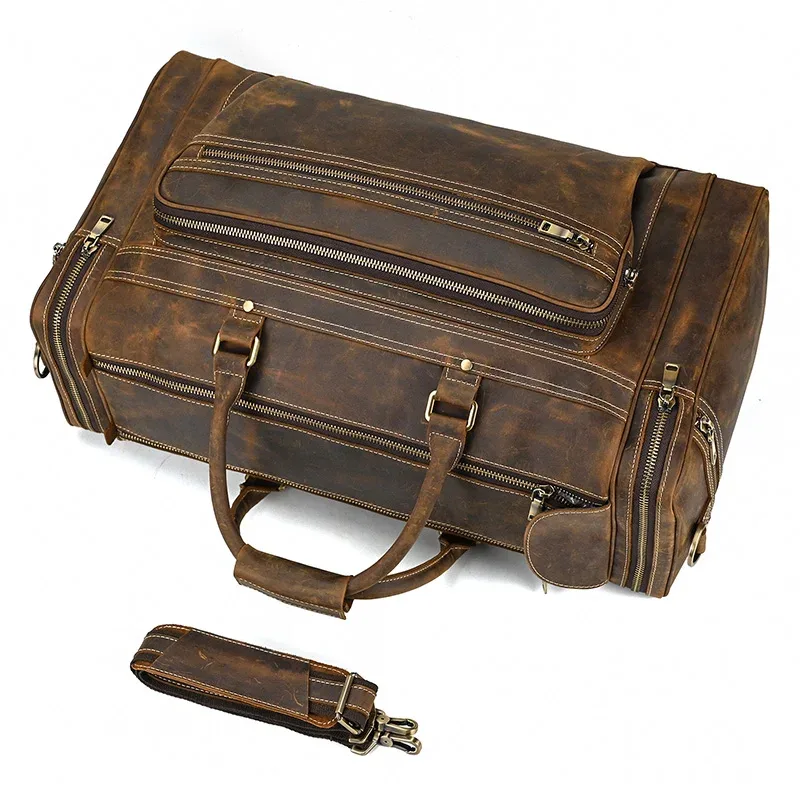 exlarge – sac de week-end en cuir véritable de 22 pouces pour homme, sacoche de voyage vintage en cuir de vache avec fermeture éclair, fourre-tout
