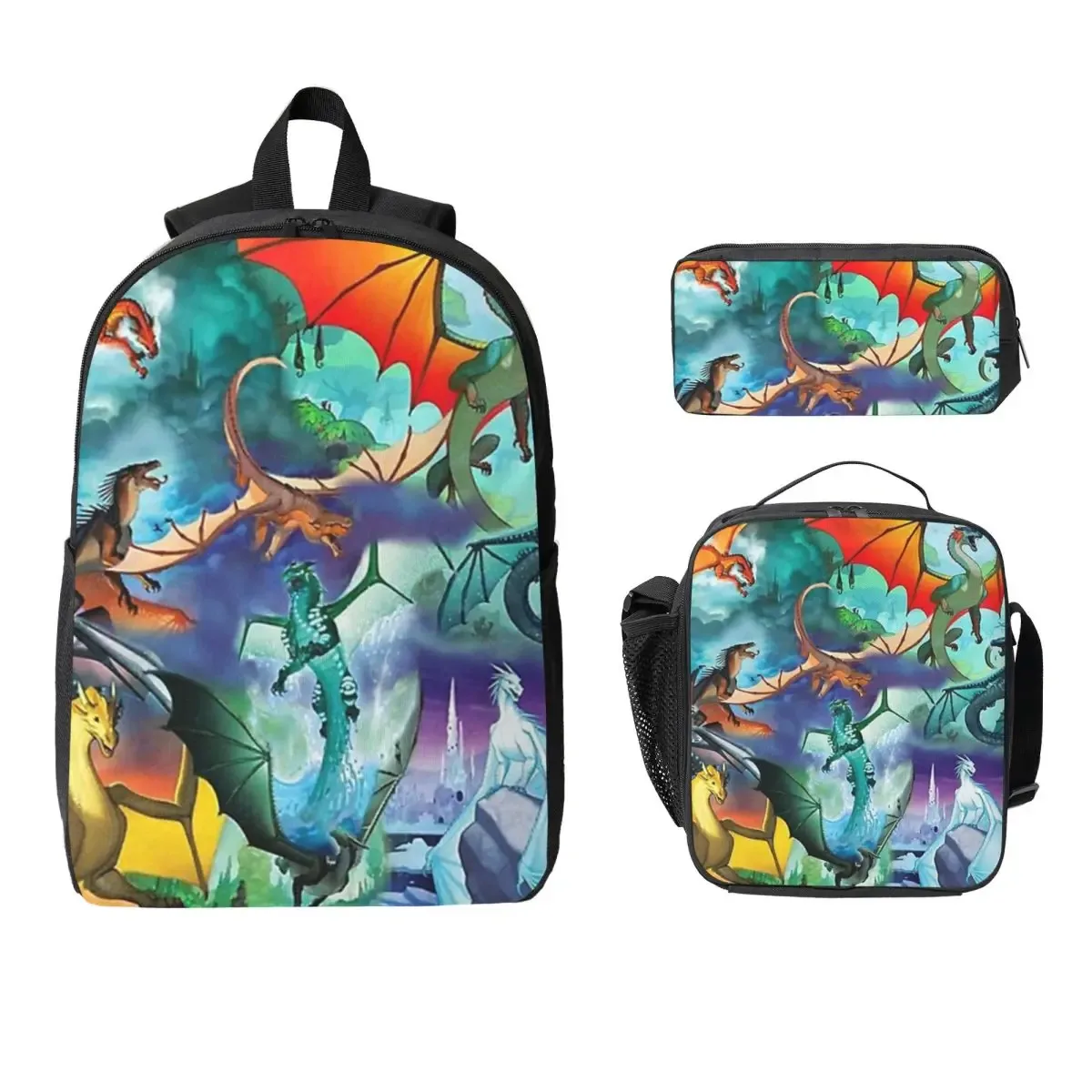 wings of fire – sac à dos de la série all dragon pour garçons et filles, sac d'école, sacs à bandoulière pour ordinateur, sac à déjeuner isotherme, trousse à crayons, 3 pièces