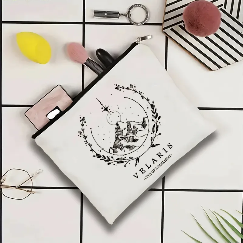 trousse de maquillage en toile velaris, pochette à cosmétiques hello feyredarling fantasy bookish avec fermeture éclair, organisateur de toilette portable pour voyage