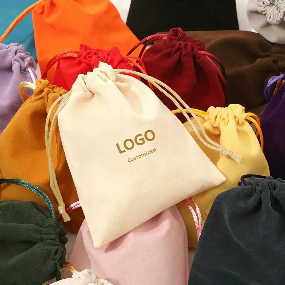 Lot de 10 pochettes à cordon en flanelle avec impression de logo personnalisé, sac de rangement pour bijoux en velours doux coréen, petit sac à cordon portable