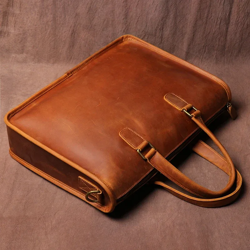 luokir sac à main en cuir véritable hommes vintage crazy horse peau de vache bureau ordinateur sac simplicité mallette d'affaires pour ordinateur portable 14 pouces