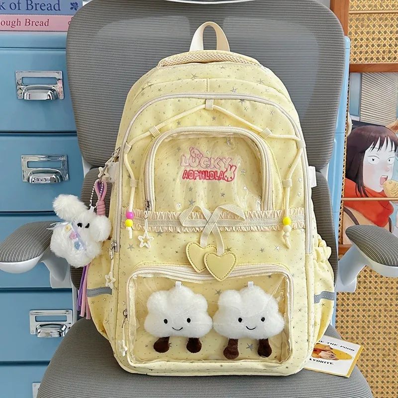sac à dos pour femmes, sac de voyage multi-poches, joli sac d'école à rayures réfléchissantes avec nœud et étoiles pour adolescentes, sac à livres