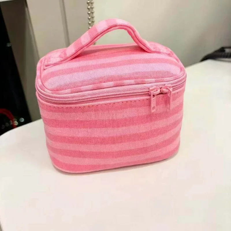 trousse de maquillage coréenne à rayures roses avec miroir, mini pochette de rangement pour cosmétiques, organisateur de beauté portable pour filles, usage quotidien