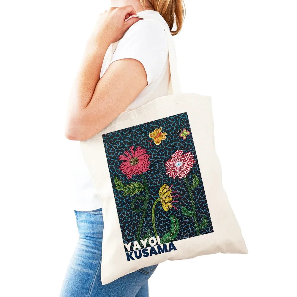sac à main dot pumpkin lady shop yayoi kusama pour femmes, sacs de shopping à double impression, motif de champ de fleurs, sac fourre-tout pour filles, motif d'œil