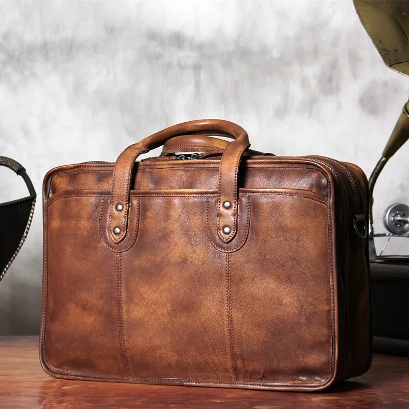 sacoche de luxe vintage en cuir véritable pour homme, grande mallette d'affaires en cuir, sac pour ordinateur portable 15,6 pouces, porte-documents, sac à main.