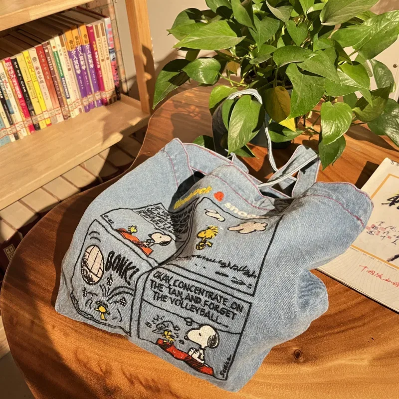 nouveau sac à bandoulière brodé snoopy de style japonais, sac en jean rétro polyvalent, sac fourre-tout grande capacité, sac de voyage portable