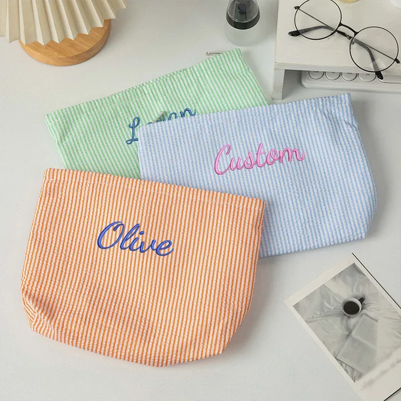 sac de maquillage rayé en gaze bulle, personnalisable avec broderie ou style standard (2 options), pochette de rangement, saison rentrée scolaire