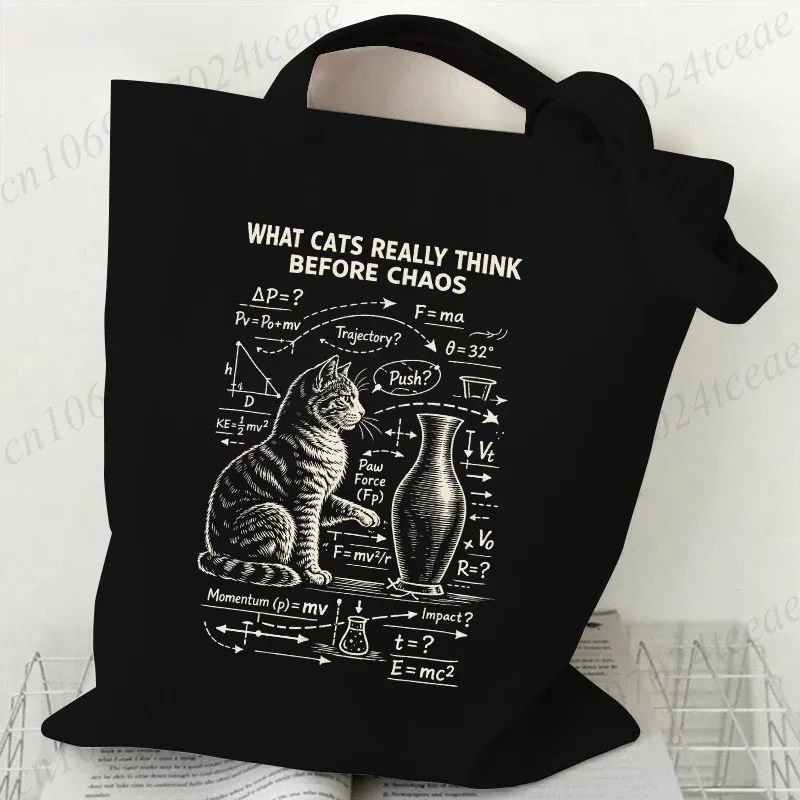 sac fourre-tout en toile imprimé chat physique amusant, sac à main réutilisable chat mathématique humour scientifique, sacs à bandoulière décontractés pour le shopping