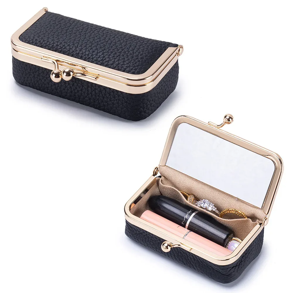 mini étui de rangement pour rouge à lèvres en cuir véritable, petite trousse de maquillage avec miroir, pochette de voyage pour cosmétiques, boîte de maquillage