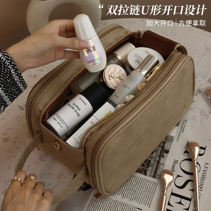 sac de maquillage multifonctionnel en cuir pu pour femmes, grande capacité, portable, double fermeture éclair, brosse de maquillage de voyage, sac de rangement d'articles de toilette