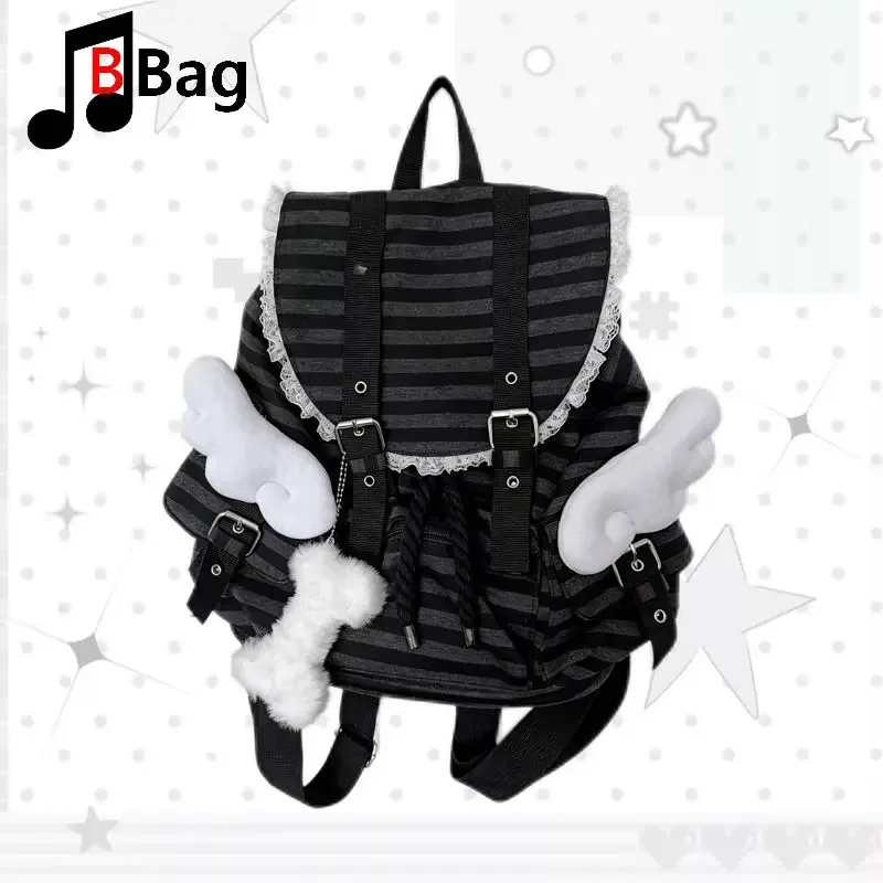 sac à dos y2k millenium tendance et cool, style coréen à rayures, design de niche pour fille alternative, sac à dos décontracté avec ailes d'ange et lapin, pour femme