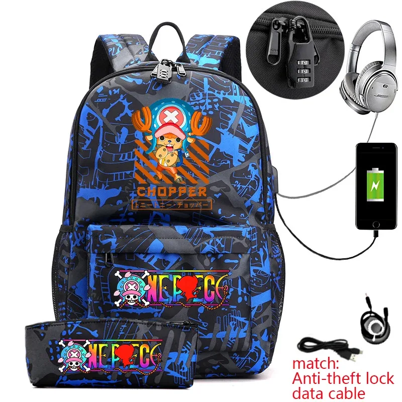 sac à dos antivol pour étudiants avec imprimé tony chopper, avec trousse à crayons, sac à dos décontracté pour garçons, filles et adolescents