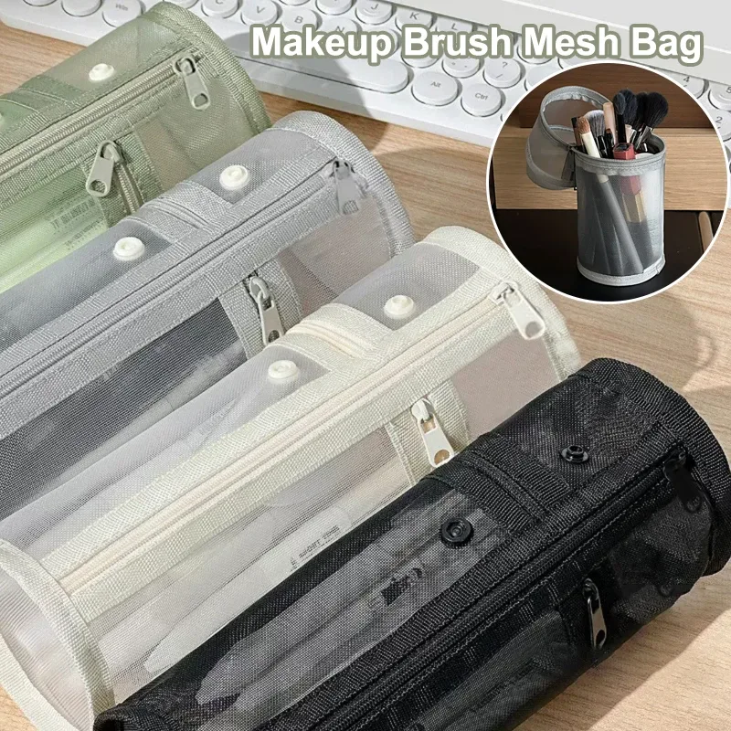 sac transparent de rangement de cosmétiques rond en maille, pochette de rangement de pinceaux de maquillage de grande capacité, étui à cosmétiques de voyage pour outils de pinceaux