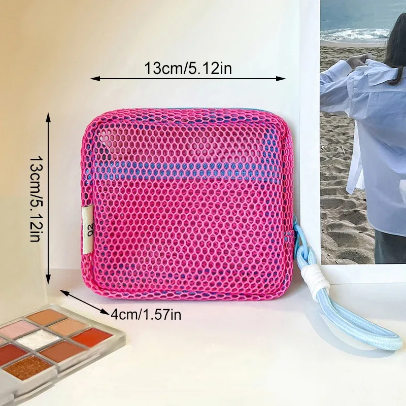 sac à cosmétiques carré en maille, sac de rangement carré portable pour cosmétiques avec fermeture éclair, sac de rangement multi-usages pour articles divers