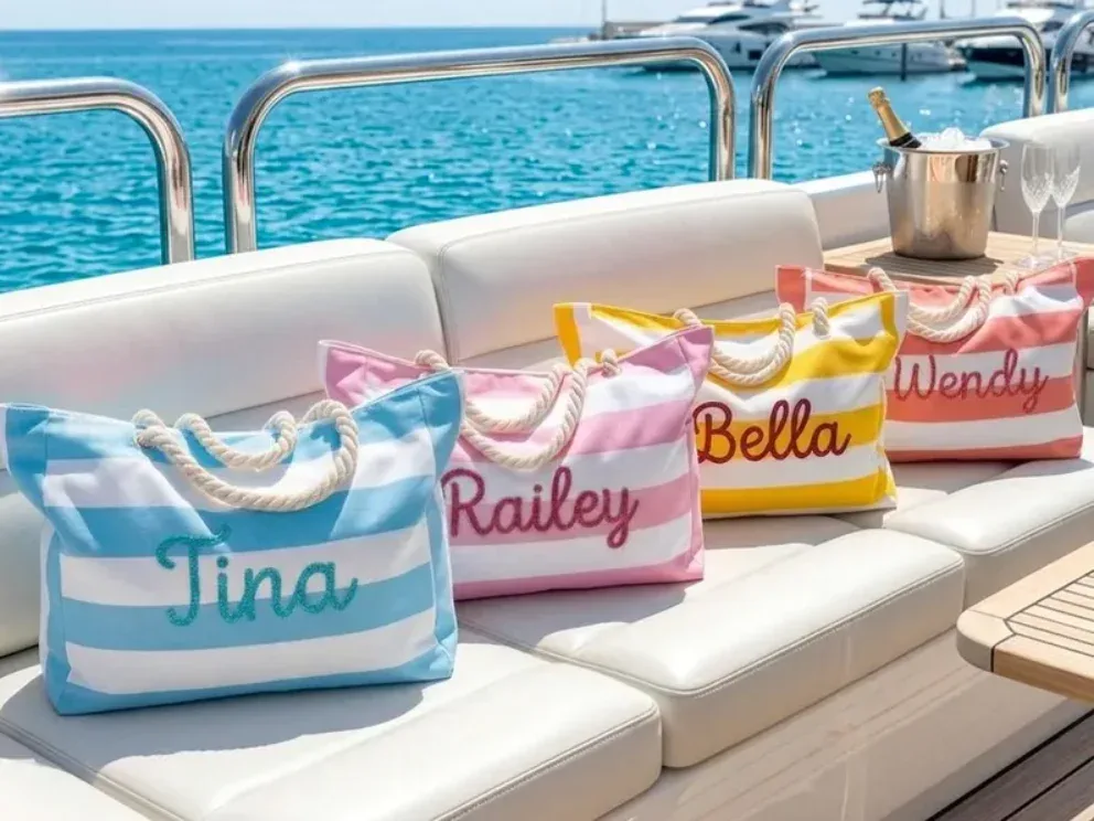 Cadeau personnalisé pour la fête des mères, sac de plage rayé avec fermeture éclair, sac fourre-tout avec nom personnalisé, sacs fourre-tout pour les demoiselles d'honneur, sac de piscine imperméable