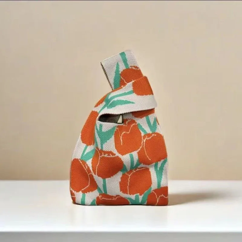 sac à main en tricot fait à la main pour femme, mini sac de poignet à nœud, sac fourre-tout à carreaux à large rayure, sacs à provisions réutilisables pour étudiants, document décontracté japonais