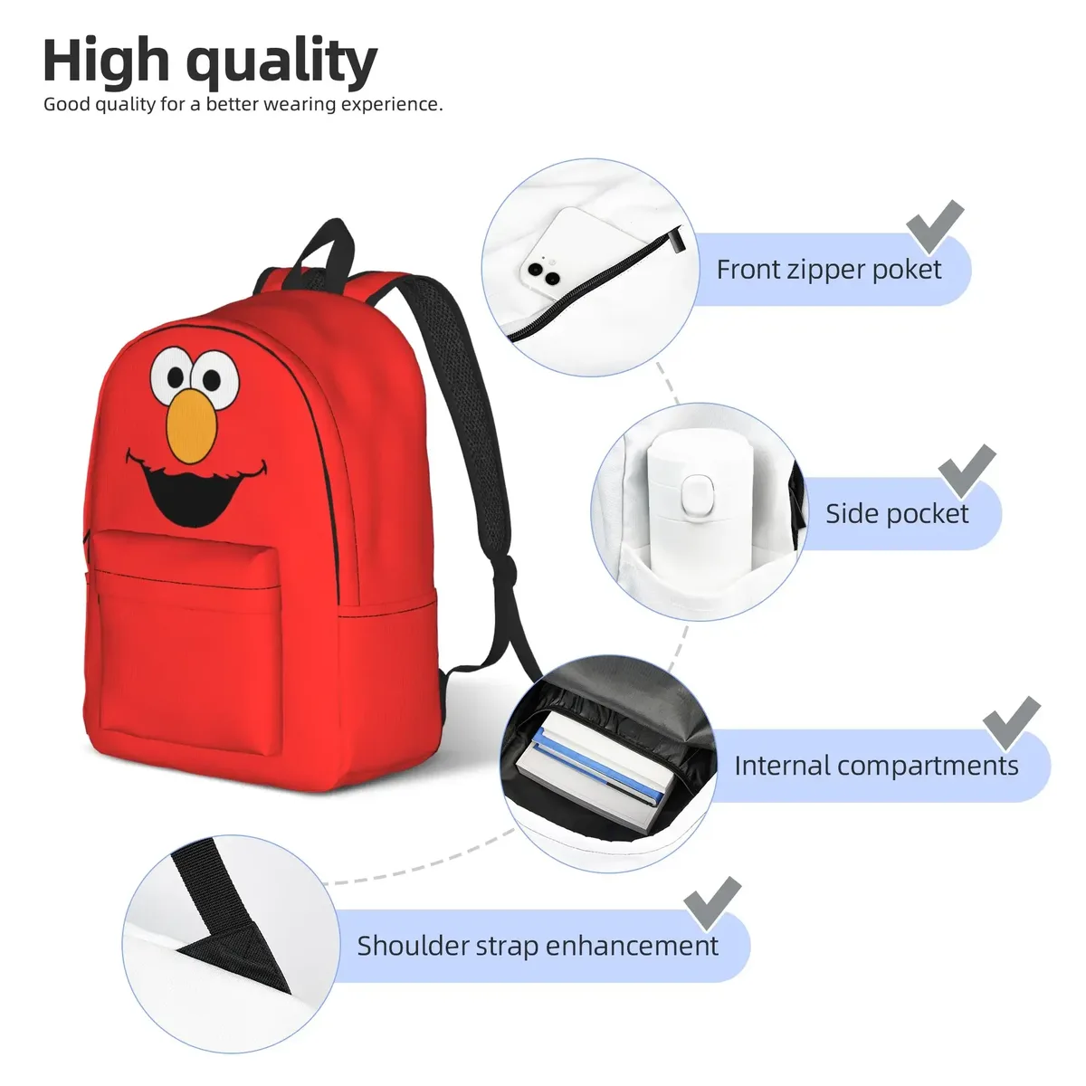 sac à dos décontracté elmo, idéal pour le lycée, la randonnée, les voyages, le thème sesame street, sac à dos de jour pour hommes et femmes, sac à bandoulière pour ordinateur portable