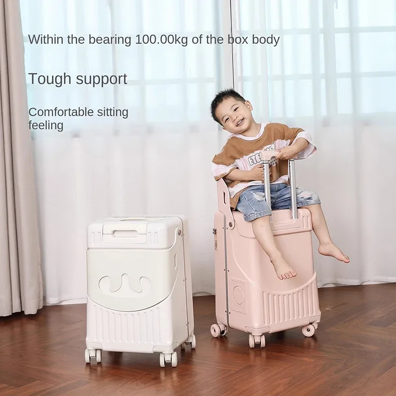 nouvelle valise pour enfants sur laquelle on peut s'asseoir, 20/22/24 pouces, valise à roulettes avec ouverture frontale, robuste et épaissie, avec porte-gobelet.