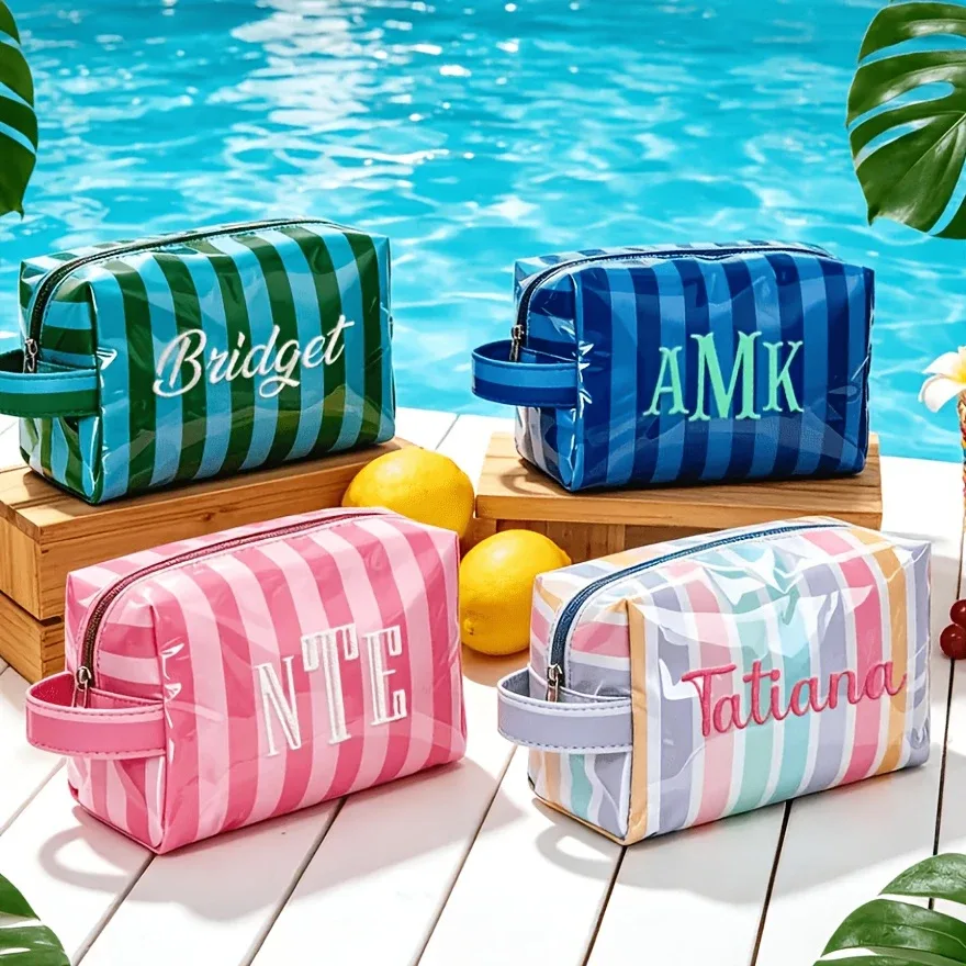 pochette cosmétique rayée personnalisée, imperméable, multifonctionnelle, portable, idéale pour les voyages, parfaite pour les mariages et les cadeaux de plage d'été