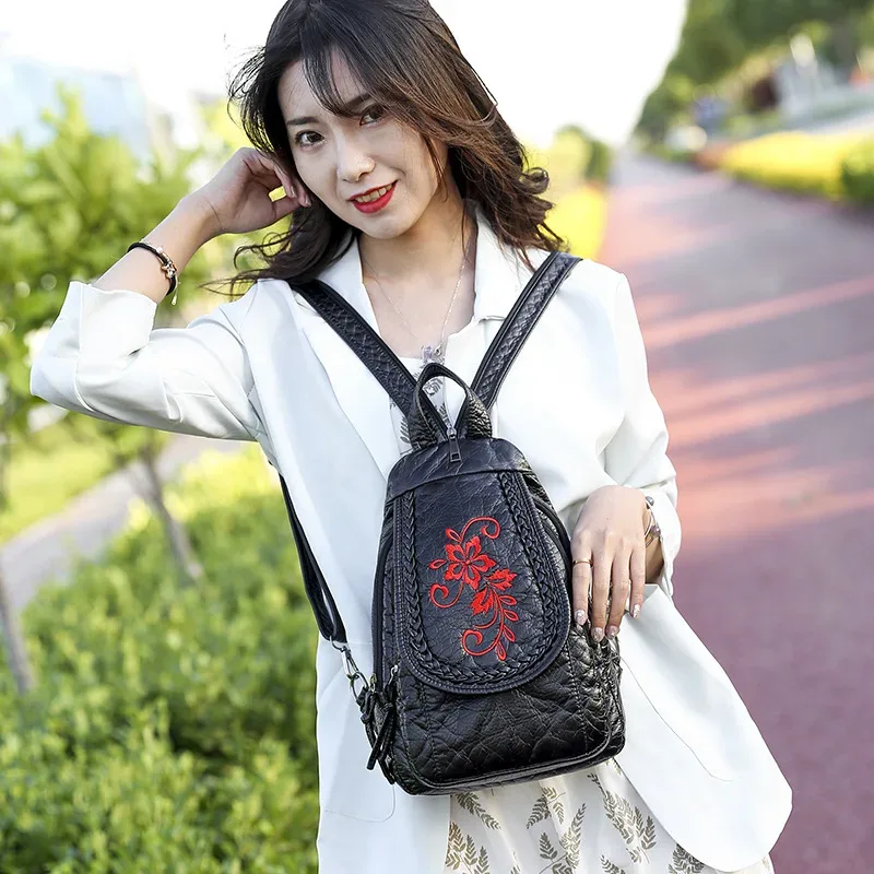 sacs à dos en cuir pu pour femmes, petit sac de voyage en cuir souple, sac à dos brodé pour dames