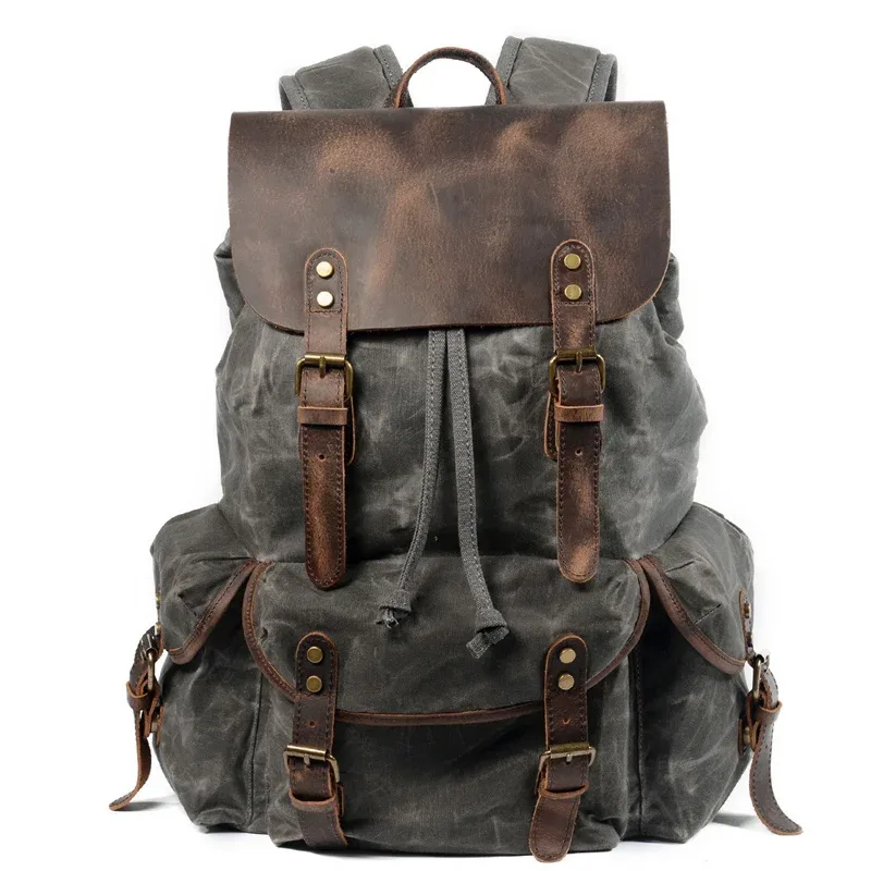 sac à dos nesitu en cuir véritable et toile cirée, pour ordinateur portable a4, coloris kaki, noir, gris, vert, pour hommes et femmes, idéal pour la randonnée et les voyages, sac de sport m6105