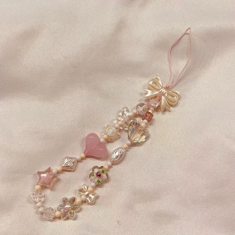 chaîne de téléphone, cordon de sac, porte-clés, breloque de sac à dos, cadeau, version coréenne du charmant motif fleur de cerisier rose avec nœud d'amour et perles