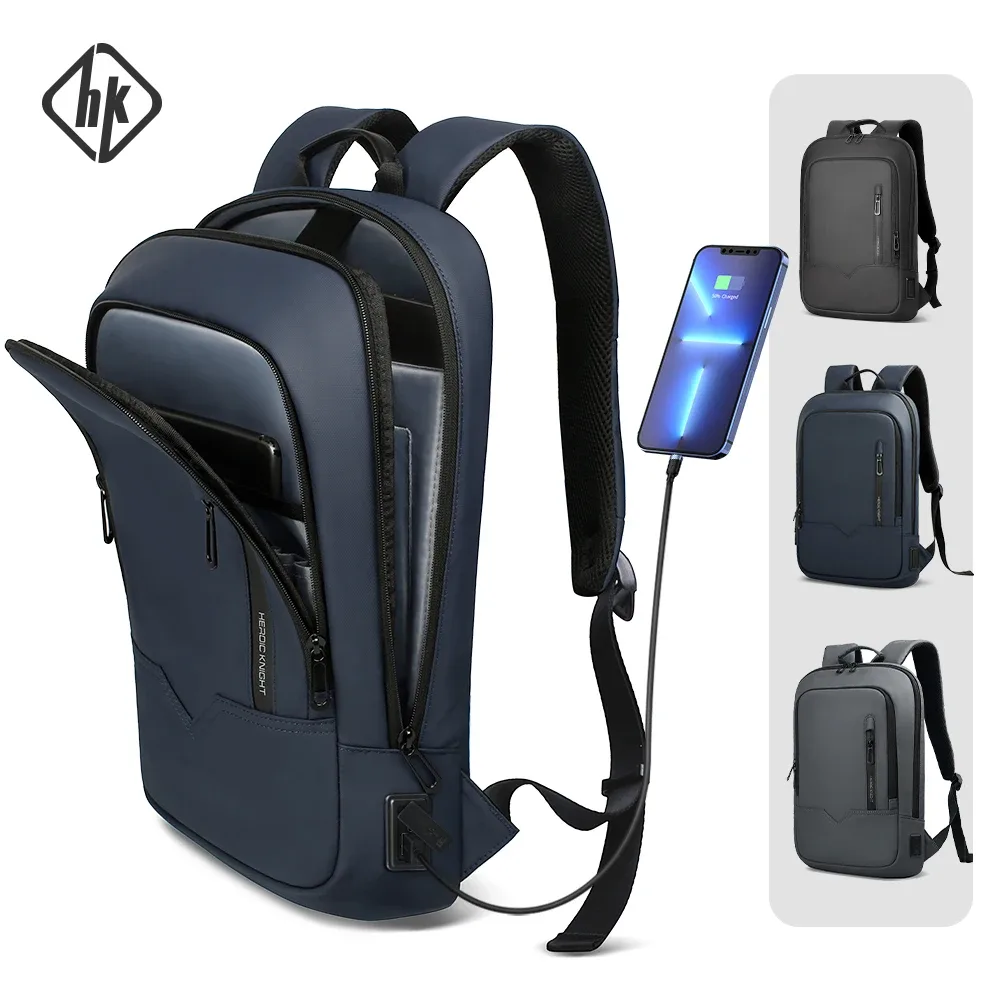 HK sac à dos mince pour hommes 15.6 pouces sacs pour ordinateur portable étanche minimaliste sac à dos d'affaires avec chargement USB sac de travail de voyage décontracté