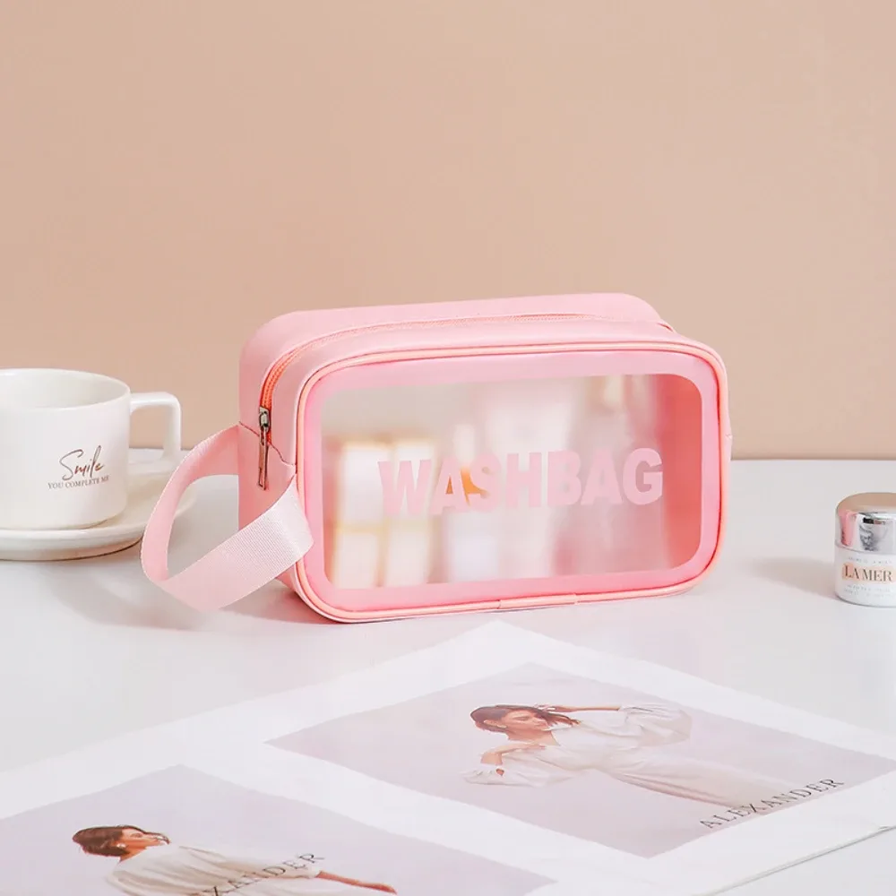 trousse de toilette de voyage portable en pu transparent pour hommes et femmes, sac de maquillage imperméable avec fermeture éclair et poignée pour l'aéroport et la salle de bain