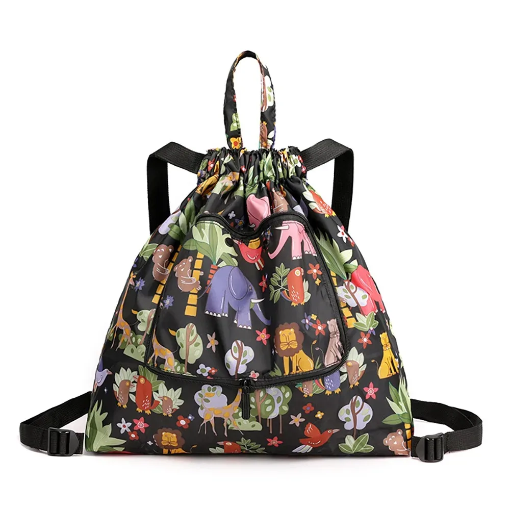 sac de courses multifonctionnel à fleurs, sac à cordon léger et portable, sac à dos plié en nylon animal, voyage
