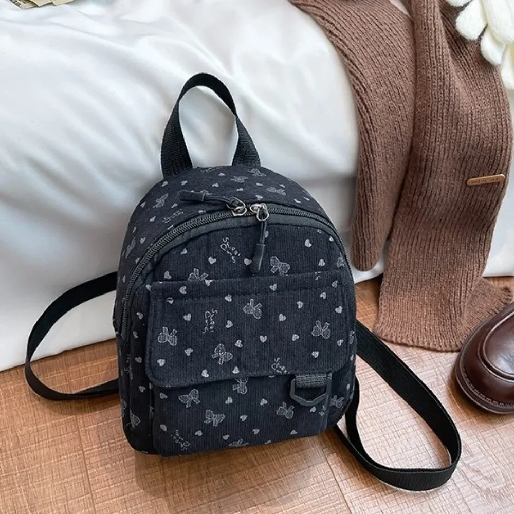 mini sac à dos en velours côtelé léger avec imprimé cœur et nœud, décontracté, à fermeture éclair, multi-compartiments, sac à bandoulière