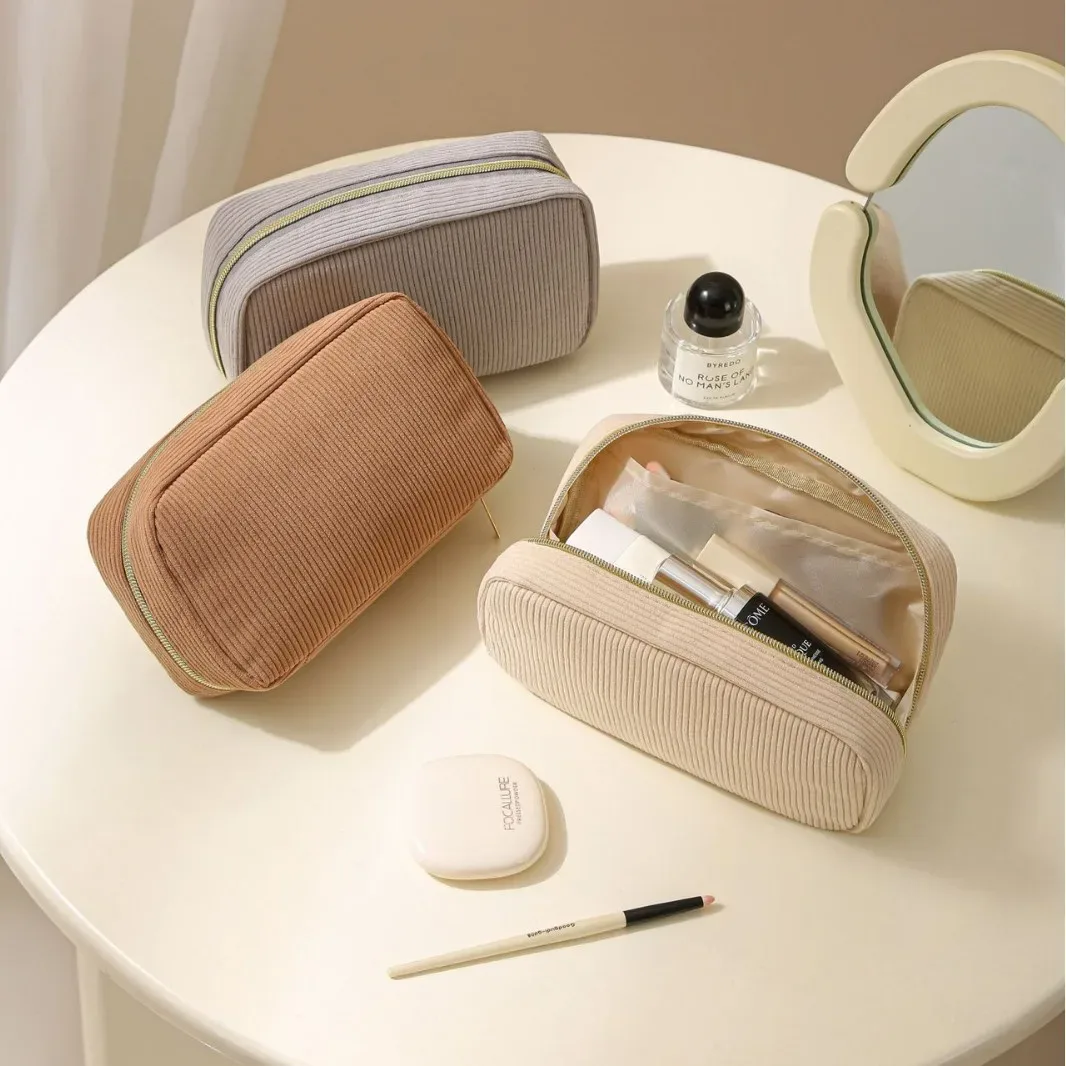 nouvelle trousse de maquillage minimaliste en velours côtelé, grande capacité, sac de rangement pour cosmétiques de voyage, trousse de maquillage pour femmes