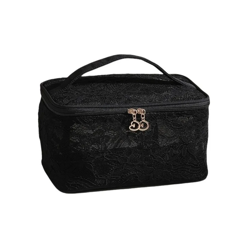 pochette de rangement en dentelle de couleur unie, sac de maquillage de grande capacité avec poignée, sac de rangement pour cosmétiques, trousse de toilette florale respirante pour femmes