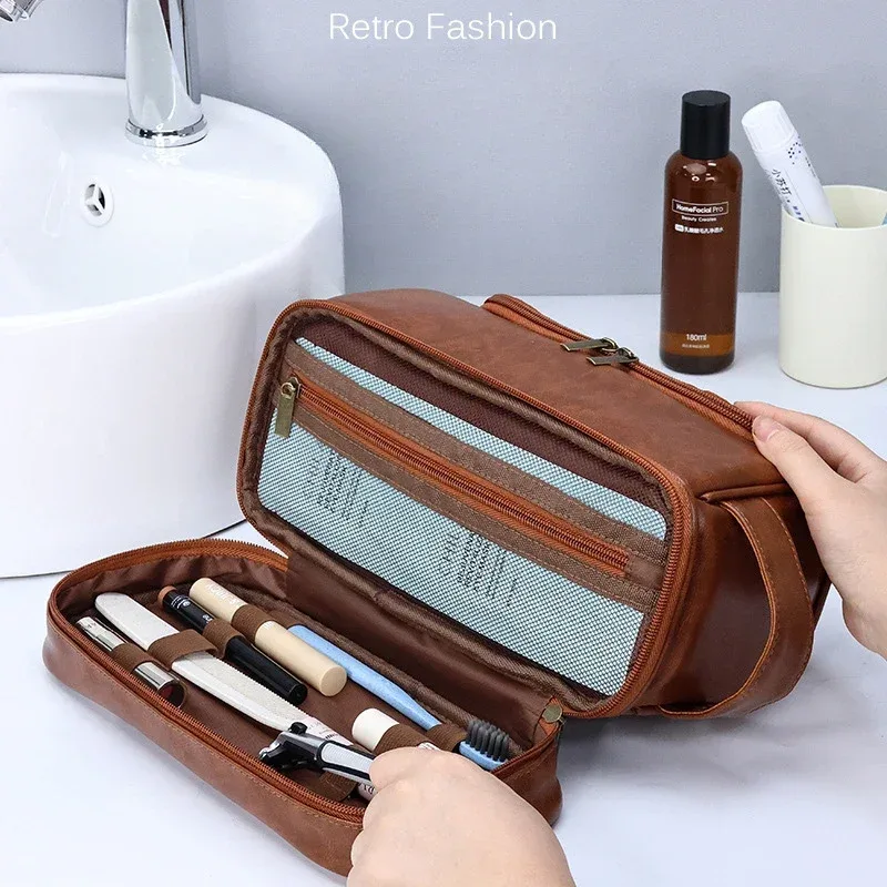 sac de maquillage suspendu de grande capacité, sac de lavage en cuir pu, sac à cosmétiques double couche pour hommes, organisateur essentiel de voyage, nouvelle collection 2024