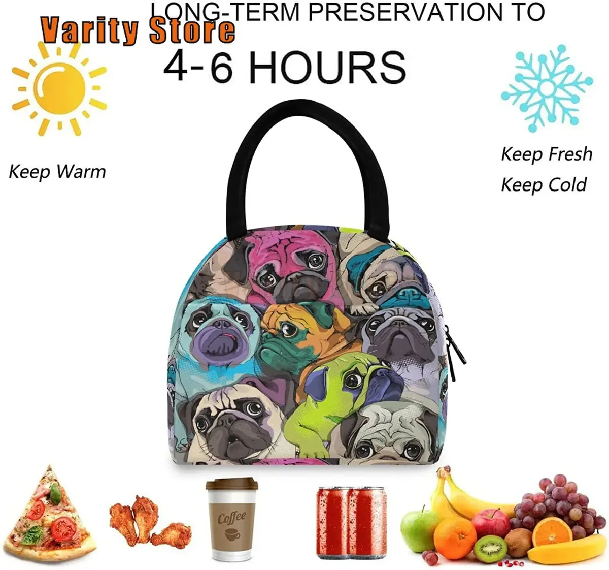 pop art pdpdogs-sac fourre-tout à déjeuner réutilisable avec poche avant, sac isotherme thermique isolé pour la rentrée scolaire, le travail, le pique-nique