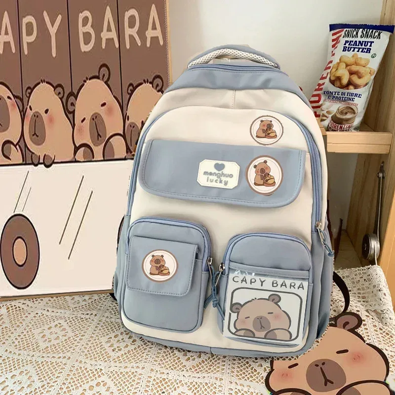 dessin animé capybara école sac à dos étudiant pochette d'ordinateur tissu imperméable sangle réglable sac de voyage décontracté avec plusieurs poches