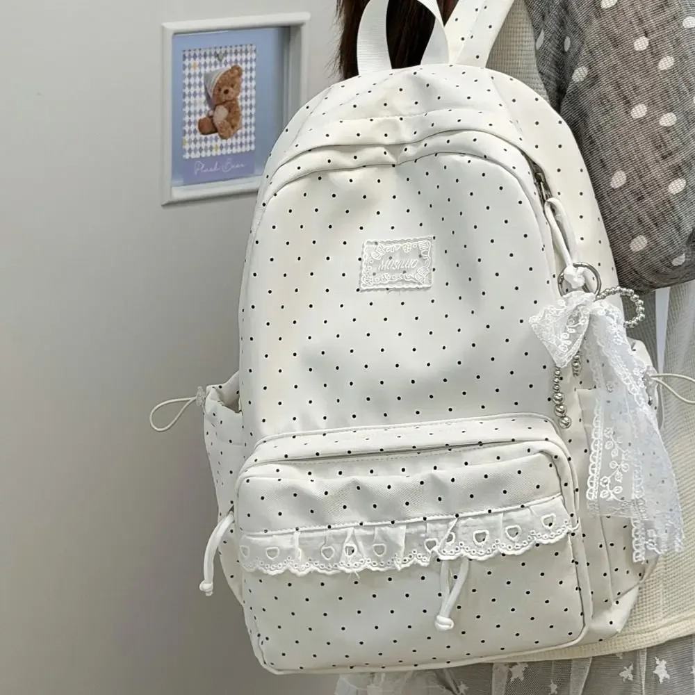 sac à dos tendance à pois, design minimaliste avec nœud, garniture en dentelle, sac à dos durable grande capacité pour étudiant, cadeau