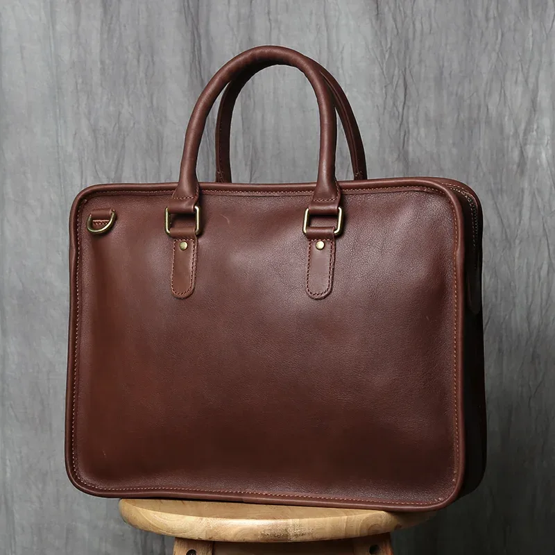 nzpj rétro hommes porte-documents en cuir pochette d'ordinateur couche supérieure en peau de vache sac à main décontracté 14 pouces sac à bandoulière d'affaires sac de messager