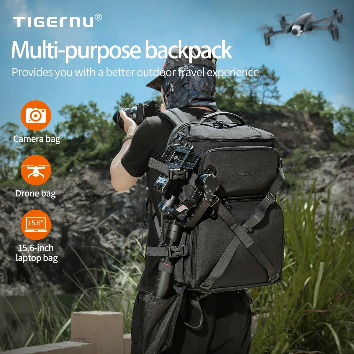 tigernu sacs à dos hommes appareil photo sac à dos 14 15.6 pouces sacs à dos pour ordinateur portable drone paquet couverture étanche voyage sac à dos sacs sac à dos