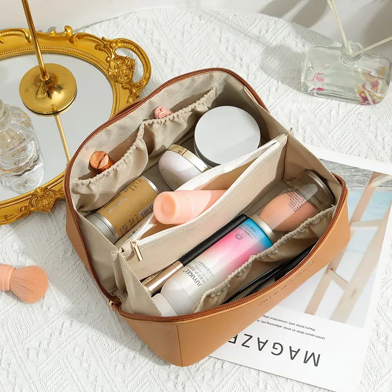 trousse de maquillage de voyage, sacs de rangement de cosmétiques de grande capacité pour femmes, trousses de toilette imperméables en cuir pu, maquillage plat à large ouverture