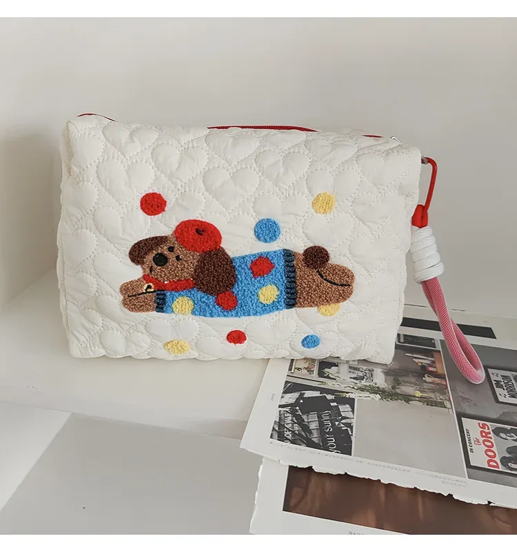 sacs à cosmétiques de dessin animé de grande capacité pour femmes, trousse de maquillage pour femmes, trousse à crayons pour filles, pochette à pois en forme de cœur, sacs à main matelassés pour dames