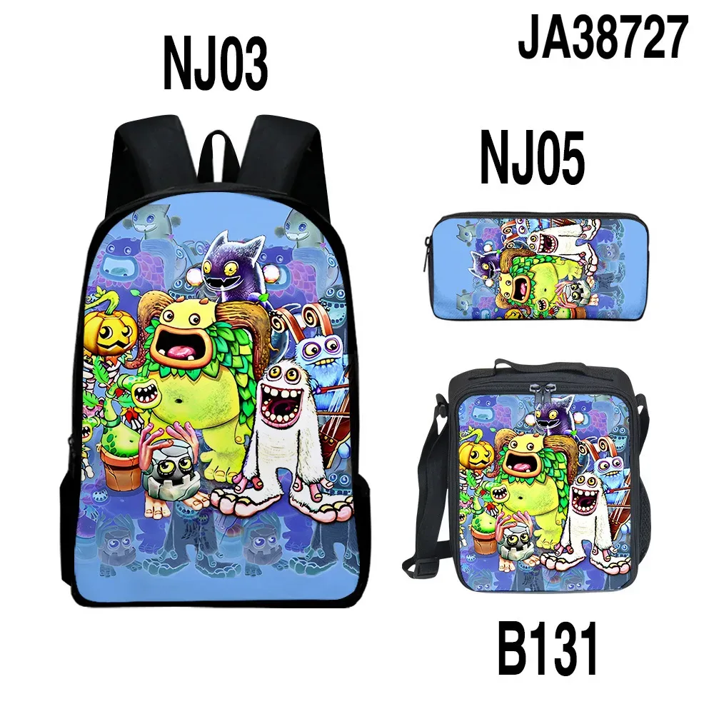 sacs à dos pour enfants, ensemble de sacs à dos, sac à déjeuner pour enfants, sac à crayons, ensemble de 3 pièces, nouveau sac de concert 3d my singing monsters