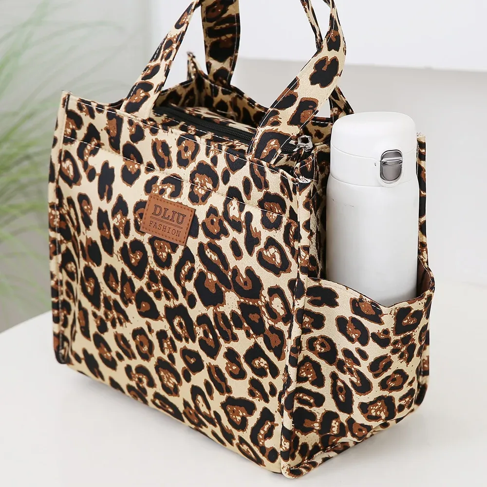 nouveau sac fourre-tout à déjeuner de grande capacité imprimé léopard rétro avec pochette de rangement sac à main de travail de banlieue sac de repas portable
