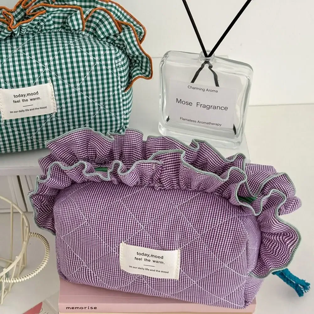 sac de maquillage cosmétique vintage vichy portable, organisateur, pochette cosmétique de grande capacité, bords à volants, pochette en dentelle douce, usage quotidien
