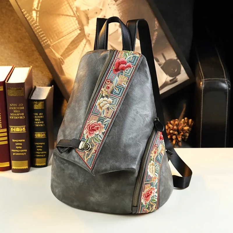 sac à dos rétro en cuir véritable pour femmes, design brodé, pour voyage, anti-vol, tendance