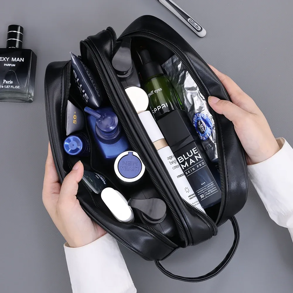 trousse de toilette double couche pour hommes, en cuir pu, organisateur de lavage de voyage, kit dopp, sac à cosmétiques de rasage résistant à l'eau, strorage